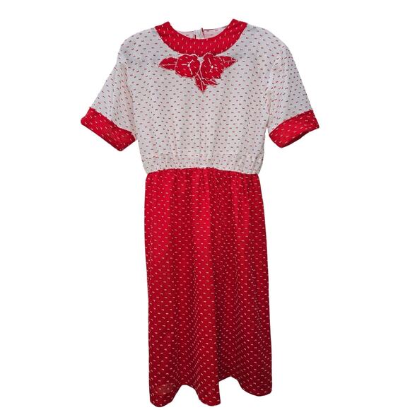 Red & White Prairie Midi Dress with Rose Appliqué – Size M/L (Handmade) - Picture 2 of 16